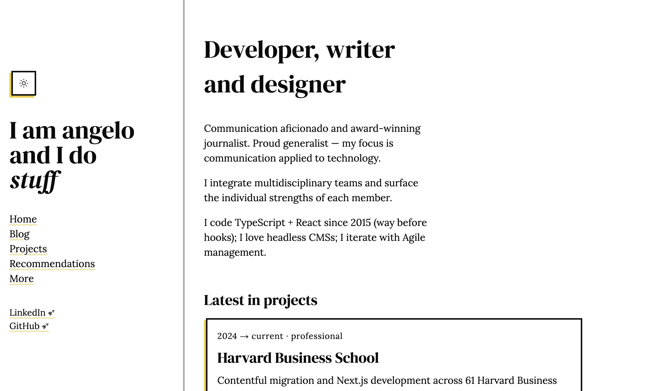 A webpage featuring a personal introduction from someone named Angelo, with a two-column layout. To the left, a menu. To the right, an article. It has yellow highlights and a dark/light mode toggle.