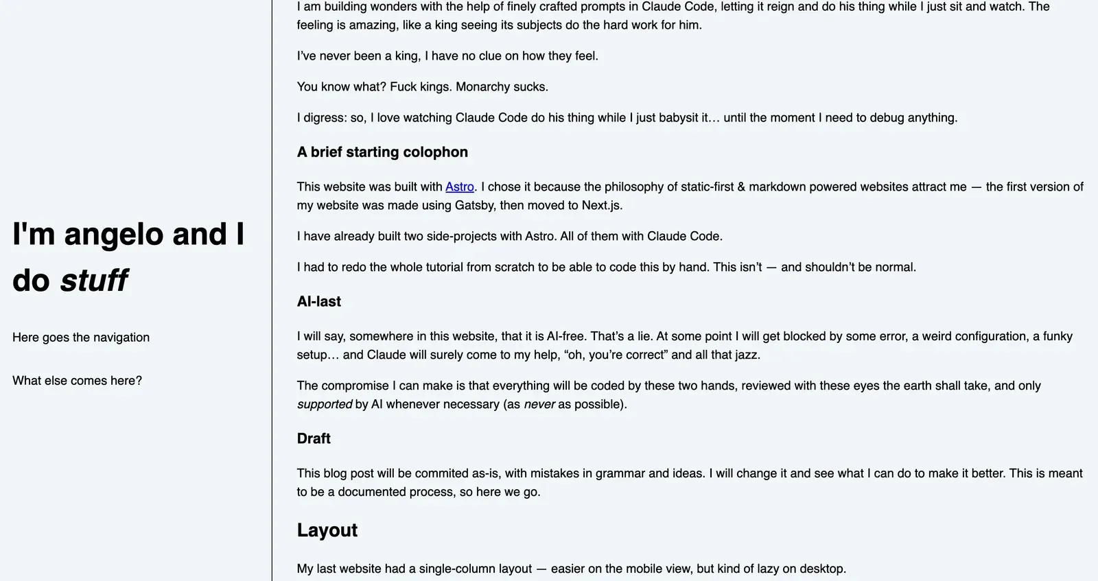 A webpage featuring a personal introduction from someone named Angelo, with a two-column layout. To the left, a sidebar with an unfinished menu. To the right, an article. Badly formatted; ugly.