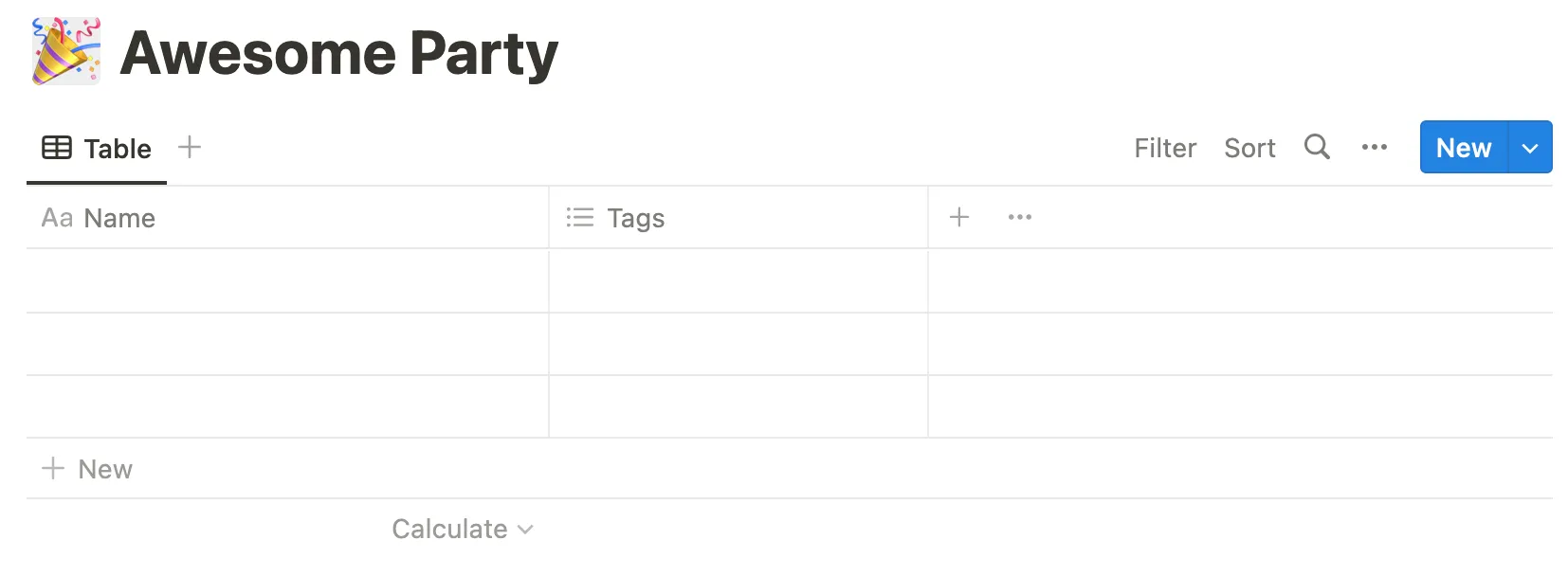 Printscreen of an empty Notion table