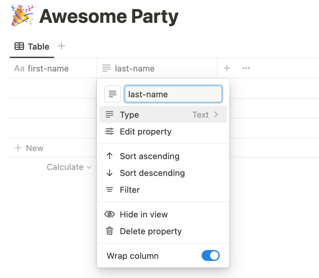 Printscreen of a Notion “column” popup
