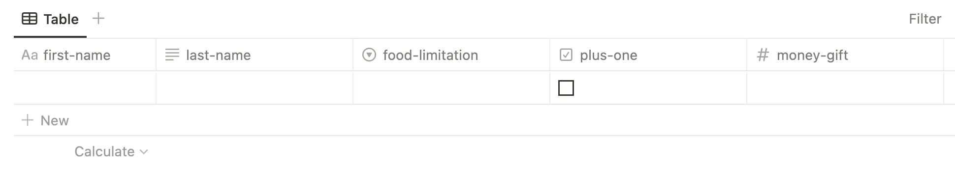 Printscreen of our table with all rows configured