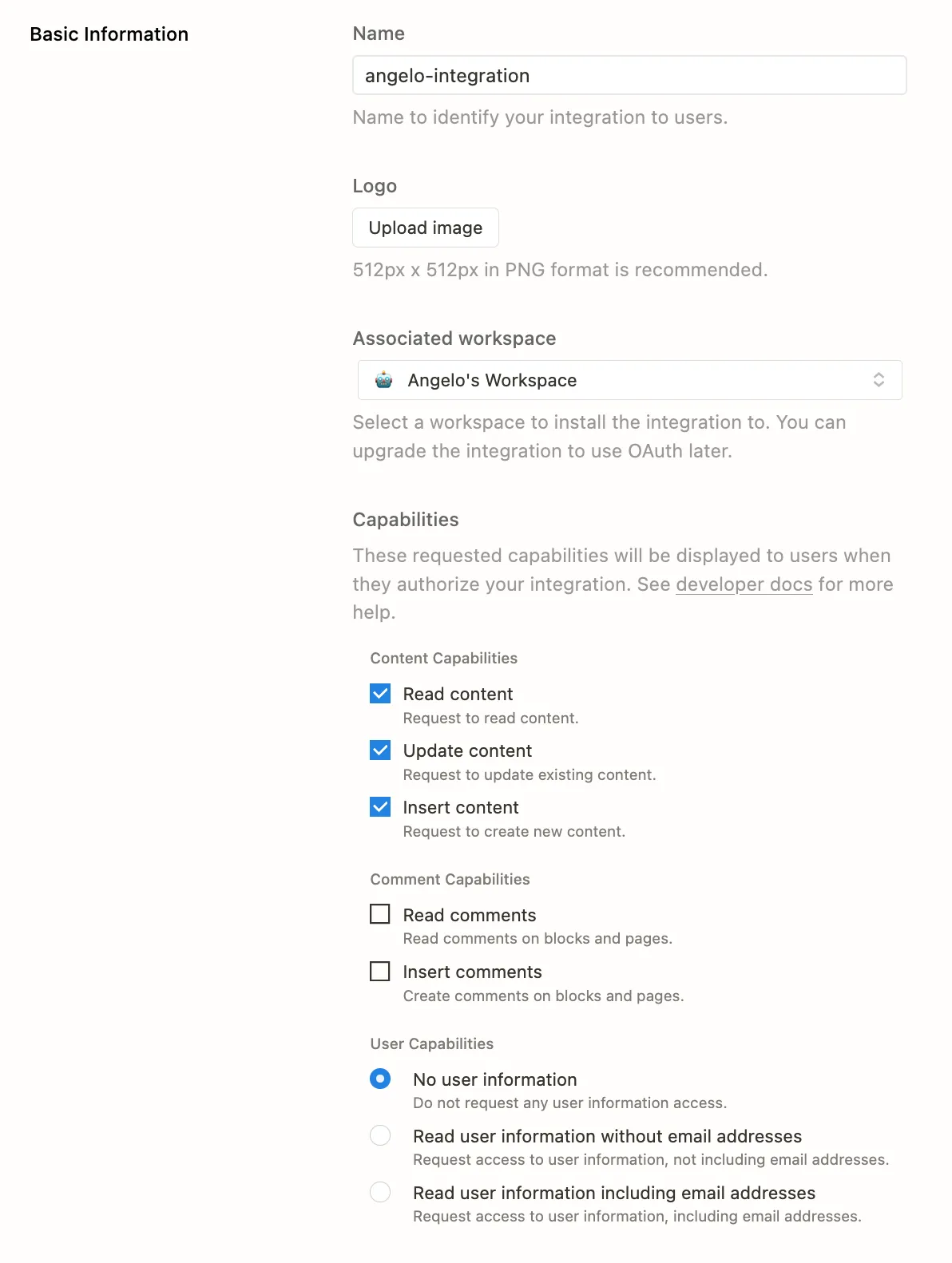 Printscreen of a Notion Integration form, with angelo-integration as title, Content Capabilities with Read, Update and Create checked, and No User Information selected in User Capabilities