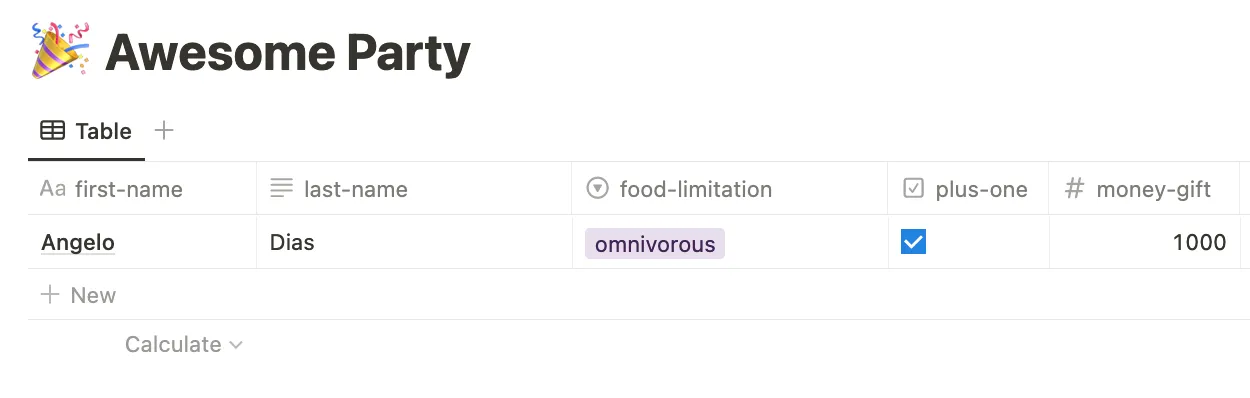 Printscreen of our table in Notion with the values “Angelo” for first name, “Dias” for last name, “I eat anything” in the select, “checked” in the checkbox, and “1000” in the number input.