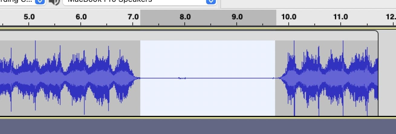 Audacity window screenshot of me selecting only the silence in an audio track