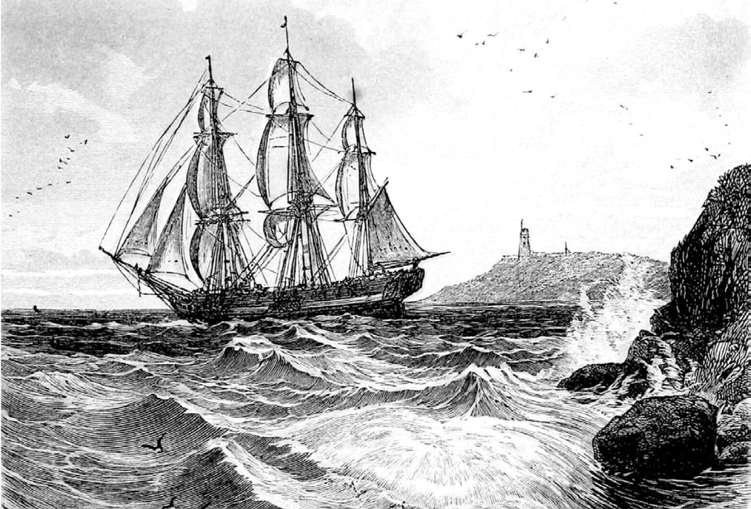 A drawing of a ship in the sea with some rocks on the foreground
